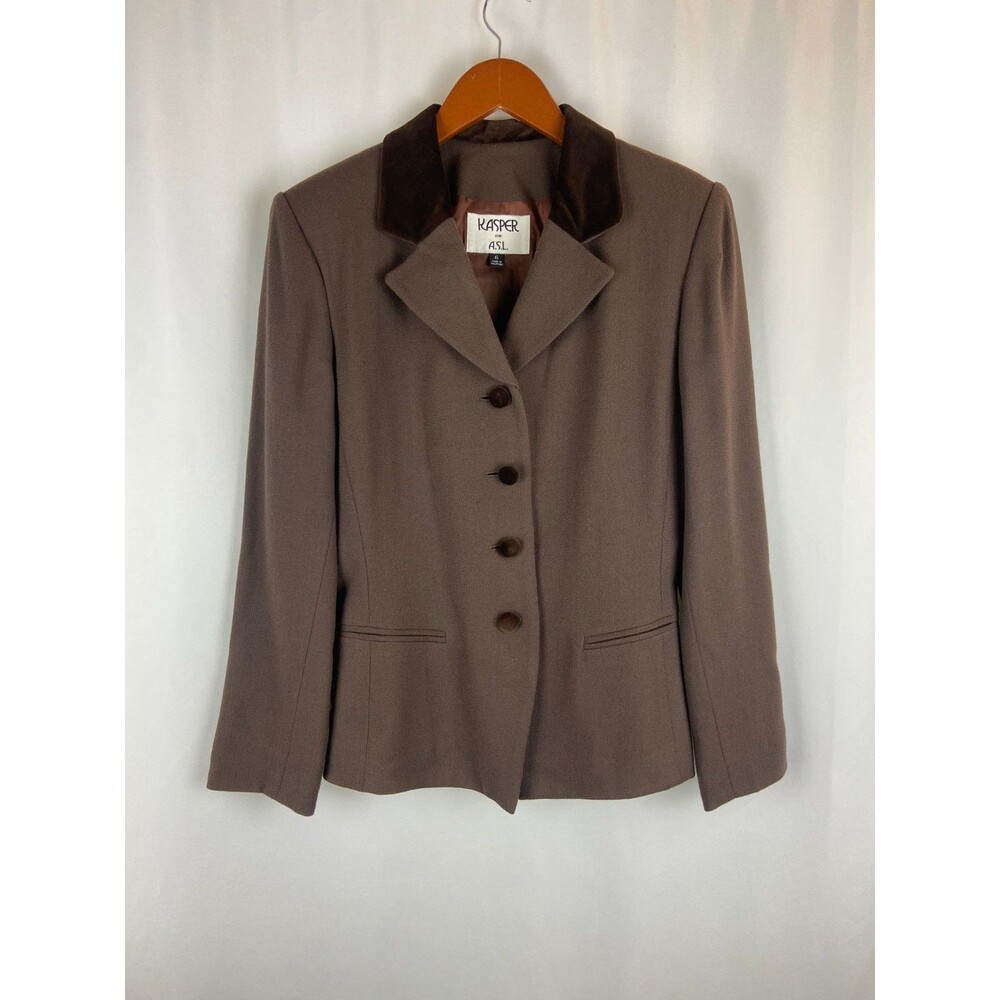 VTG Kasper ASL Womens Size 6 Brown Suit Jacket Felt Detail 100% Wool Career HOLE